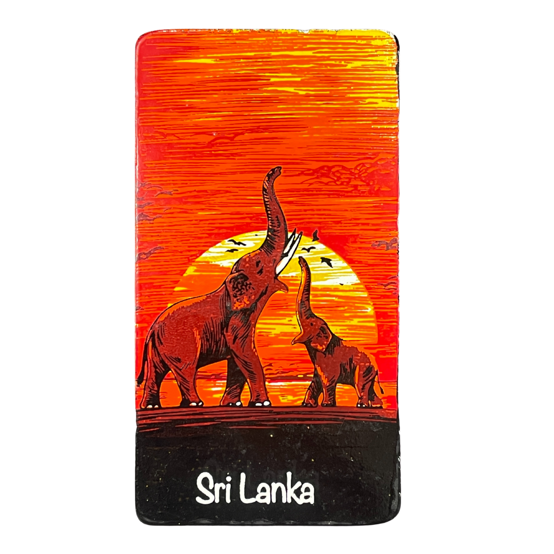 Hand-Painted Wooden Rectangular Fridge Magnet – Mother & Baby Elephant, Sri Lanka Souvenir