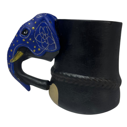 Handmade & Hand-Painted Elephant Foot Clay Mug – Blue Dress with Elephant Head Handle