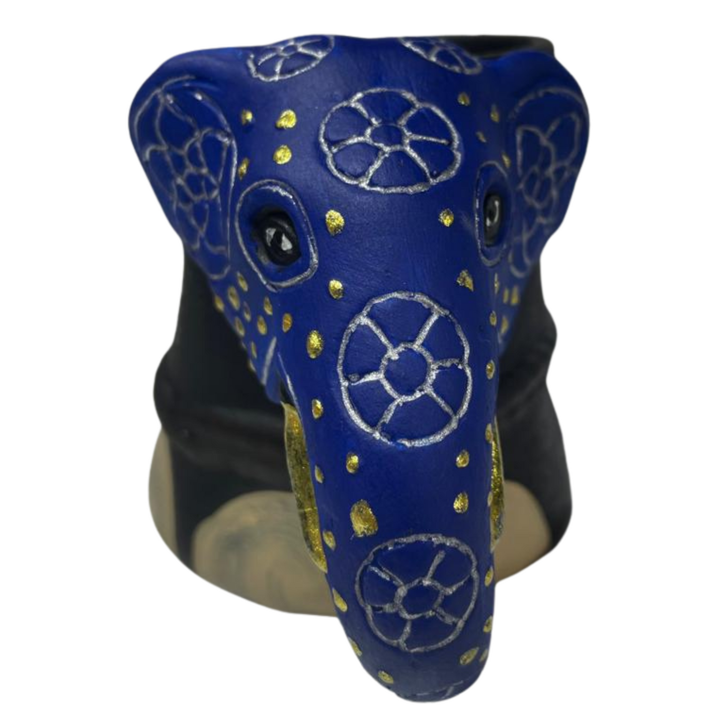 Handmade & Hand-Painted Elephant Foot Clay Mug – Blue Dress with Elephant Head Handle