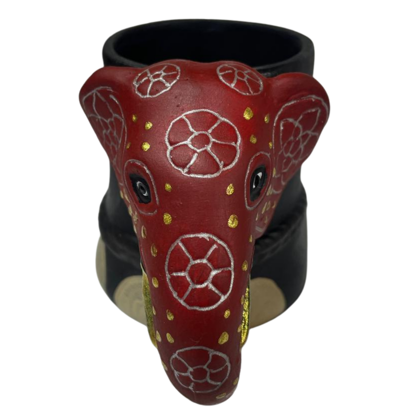 Handmade & Hand-Painted Elephant Foot Clay Mug – Red Dress with Elephant Head Handle