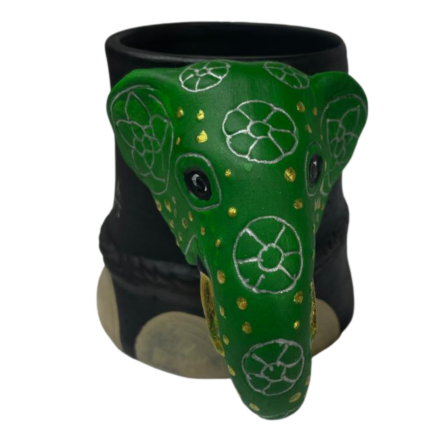 Handmade & Hand-Painted Elephant Foot Clay Mug – Green Dress with Elephant Head Handle