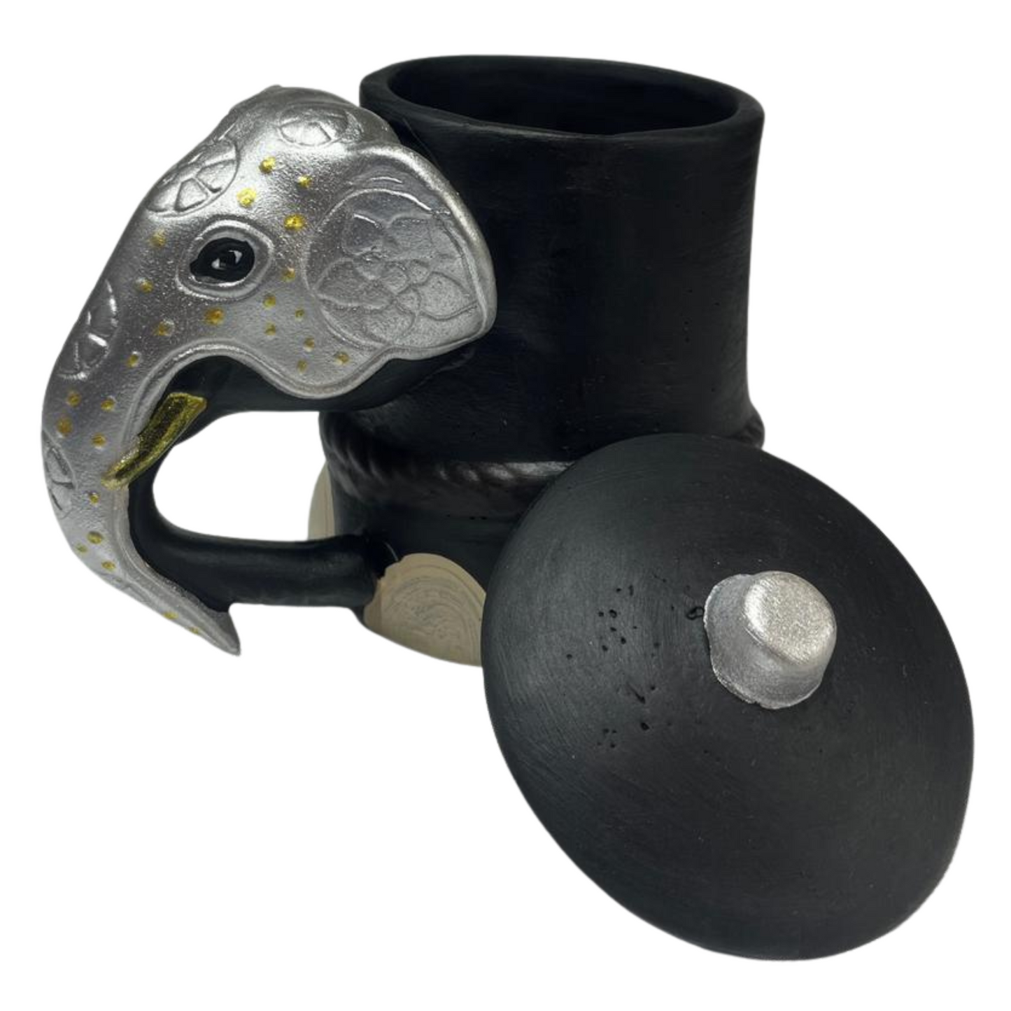 Handmade & Hand-Painted Elephant Foot Clay Tea Cup / Tea Container – Silver Dress with Elephant Head Handle