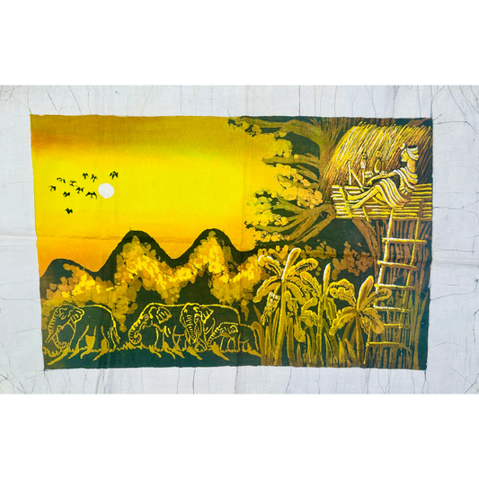 Handmade Sri Lankan Batik Wall Art – Sunset Elephant Village Landscape | 45 × 69 cm