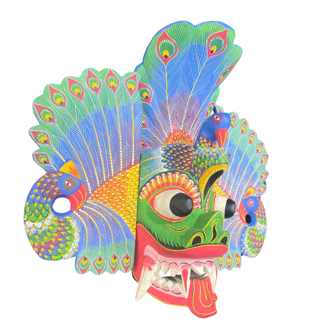 Handmade Wooden Mayura Raksha (Peacock Devil) Mask – 20" | Sri Lankan Traditional Wall Decor