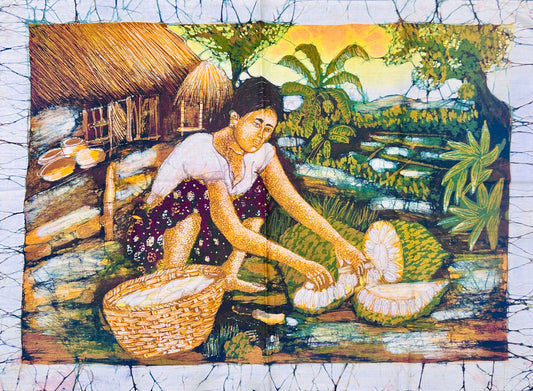 Authentic Sri Lankan Handmade Village Life Batik Wall Hanging | Traditional Jackfruit Harvest Scene (60cm × 45cm)