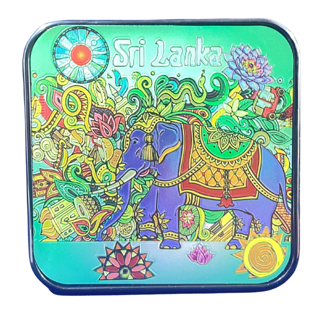 🎭🐘 Sri Lankan Plastic Coaster Set – 6pcs Cultural Table Decor | Sanni Mask & Perahera Theme Designs