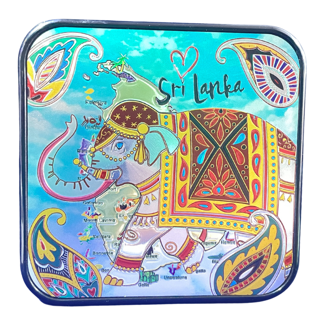 🎭🐘 Sri Lankan Plastic Coaster Set – 6pcs Cultural Table Decor | Sanni Mask & Perahera Theme Designs