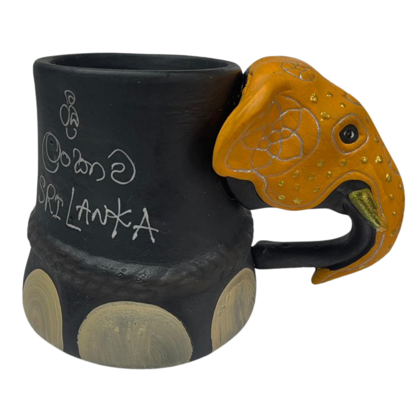 Handmade & Hand-Painted Elephant Foot Clay Mug – Yellow Dress with Elephant Head Handle