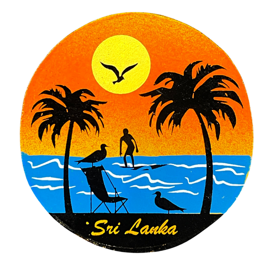 Hand-Painted Wooden Round Fridge Magnet – Sri Lankan Beach & Surf Scene (2.5" Dia.)
