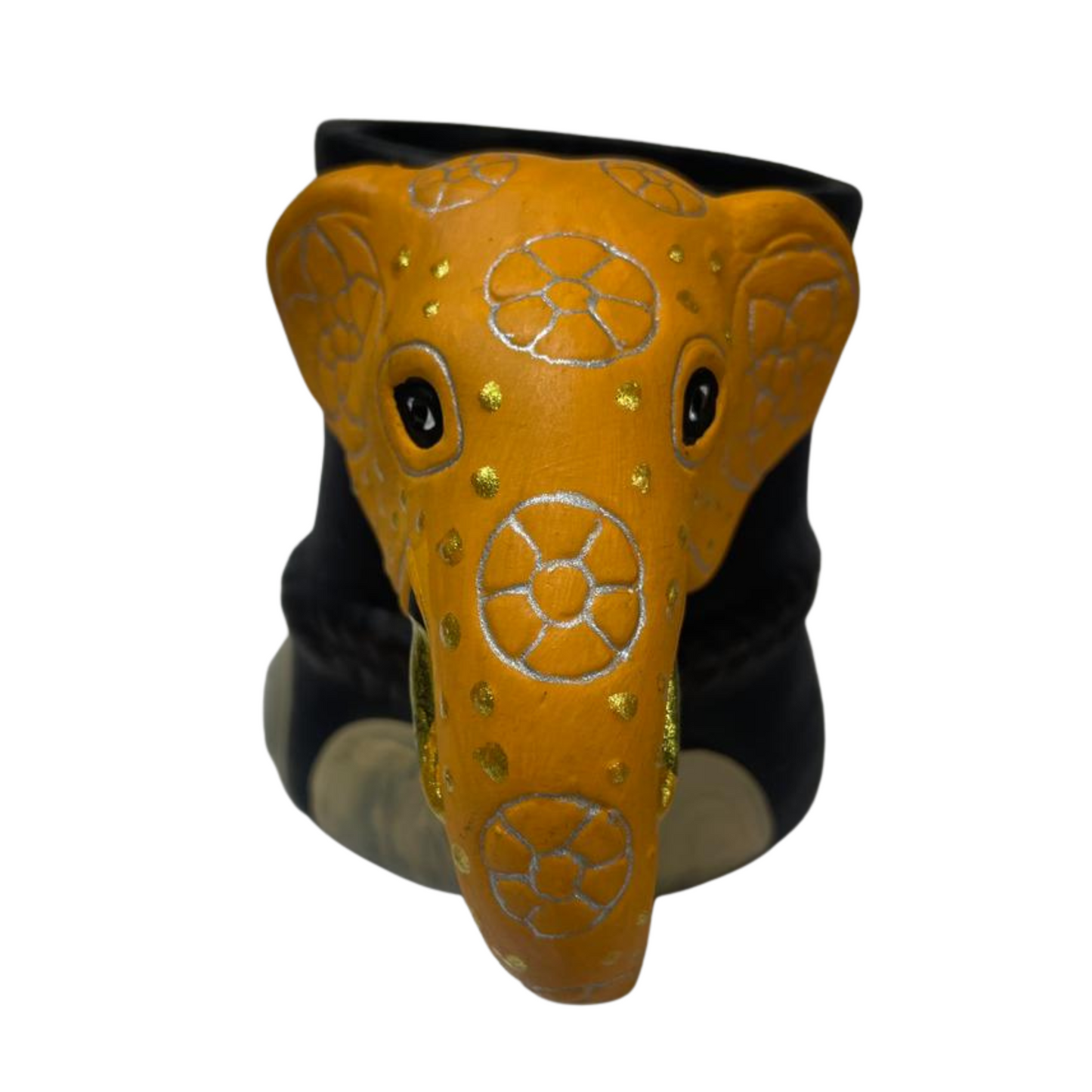 Handmade & Hand-Painted Elephant Foot Clay Mug – Yellow Dress with Elephant Head Handle