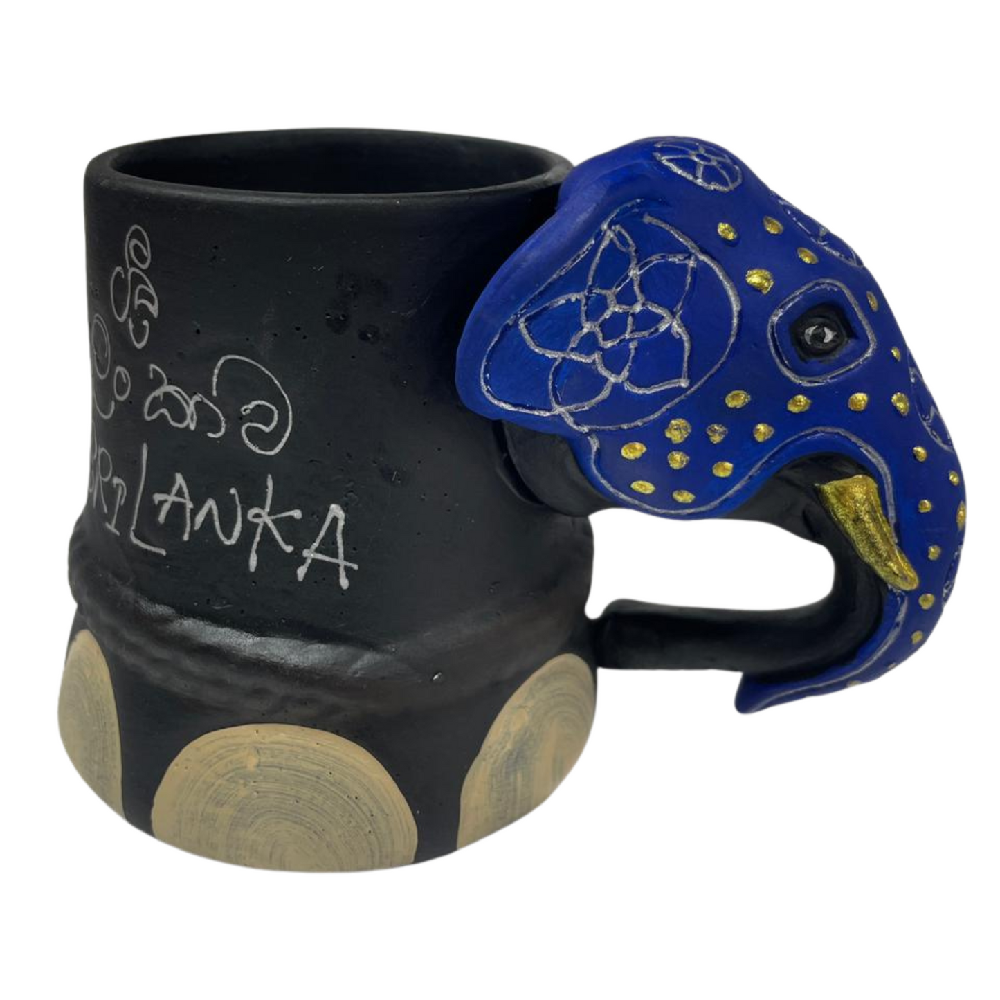Handmade &amp; Hand-Painted Elephant Foot Clay Mug – Blue Dress with Elephant Head Handle