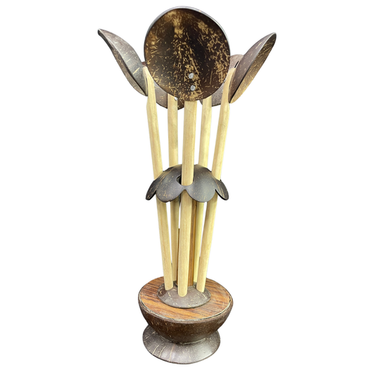 Handmade Coconut Shell Spoons with Round Holder – Eco Friendly Sri Lankan Kitchenware souvenir