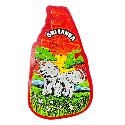 Handmade Wooden Fridge Magnet – Sri Lanka Map with Elephant Family Scene