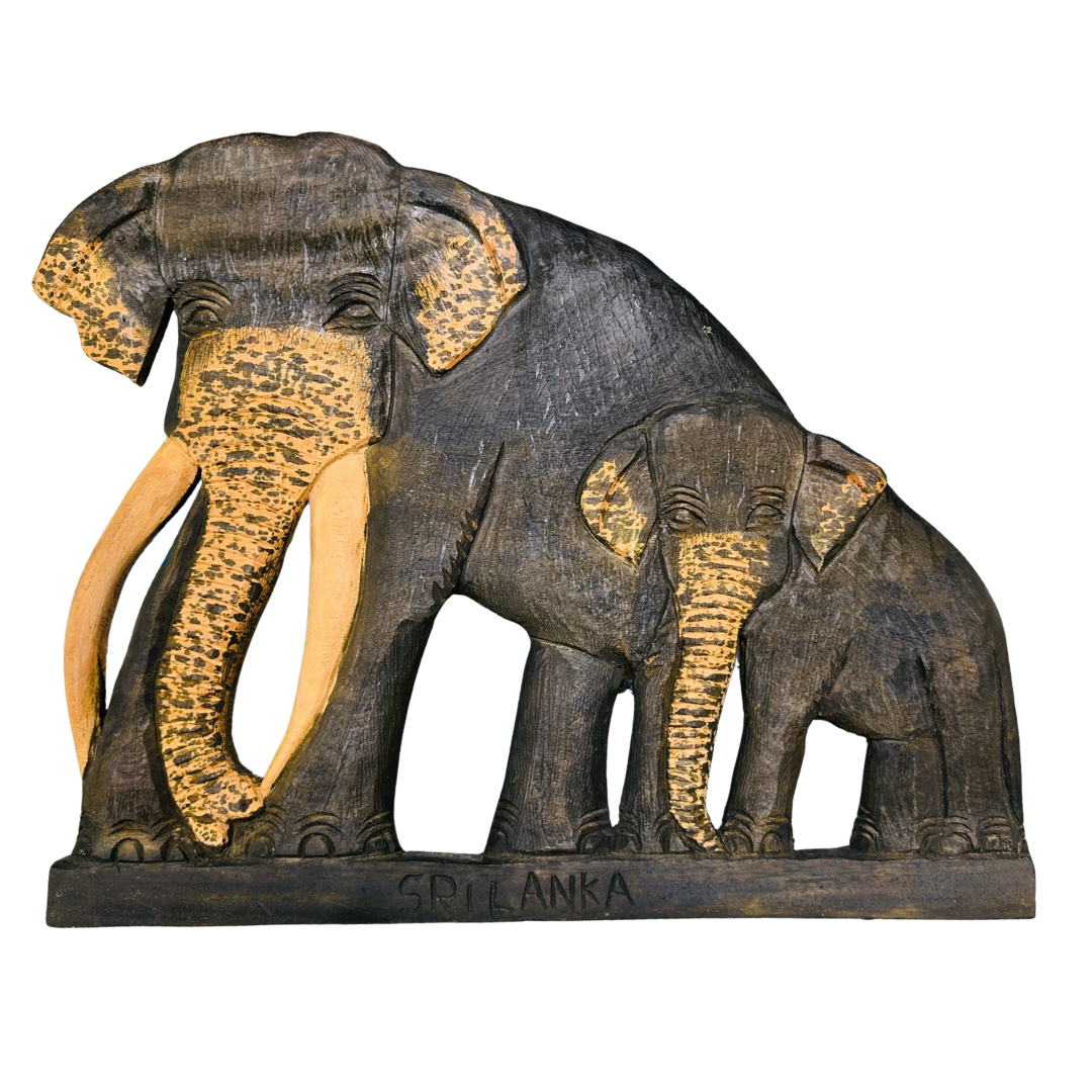 Hand-Carved Mahogany Wooden Elephant Plaque – Authentic Sri Lankan Wall Art & Souvenir