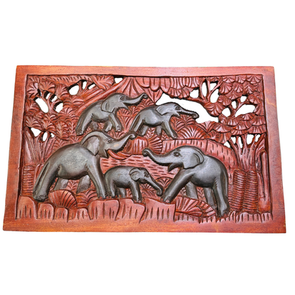 Hand-Carved Mahogany Elephant Herd Wall Panel – Authentic Sri Lankan Wooden Wall Art