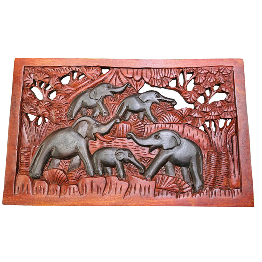 Hand-Carved Mahogany Elephant Herd Wall Panel – Authentic Sri Lankan Wooden Wall Art