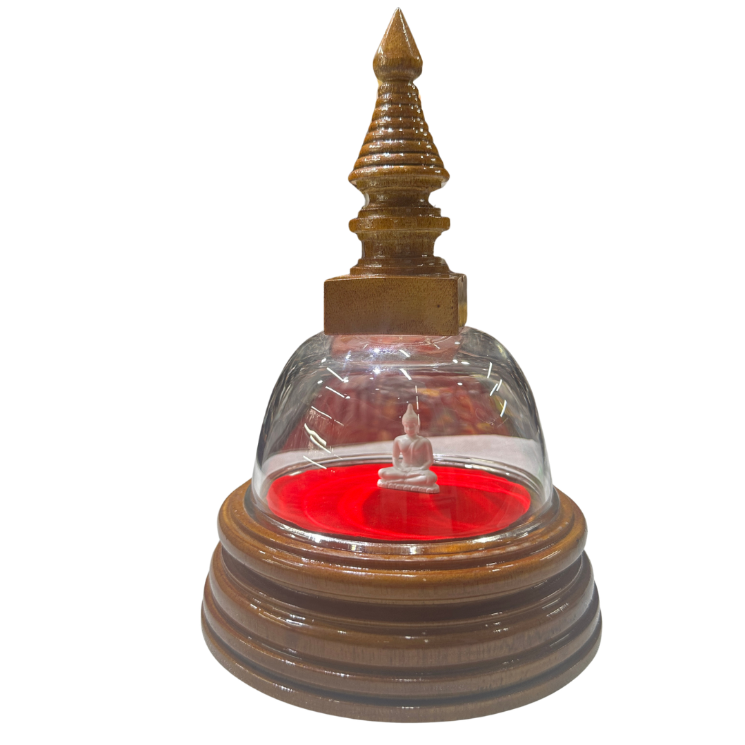 Handcrafted Mahogany Wooden Stupa with Sitting Buddha Statue & Relic Chamber