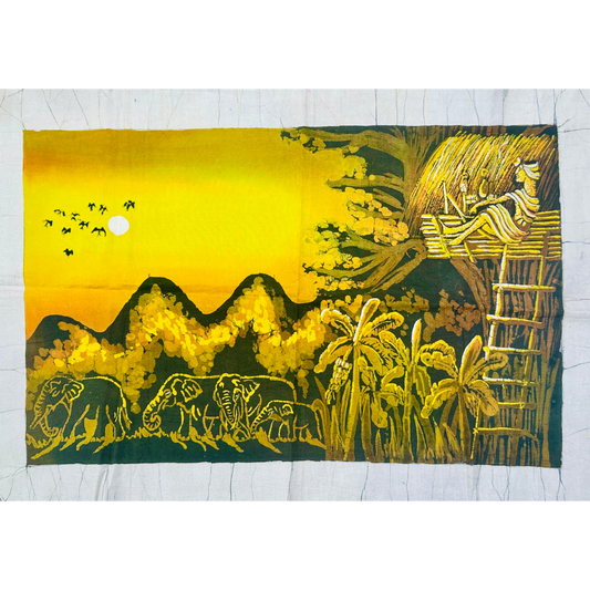 Handmade Sri Lankan Batik Wall Art – Sunset Elephant Village Landscape | 45 × 69 cm