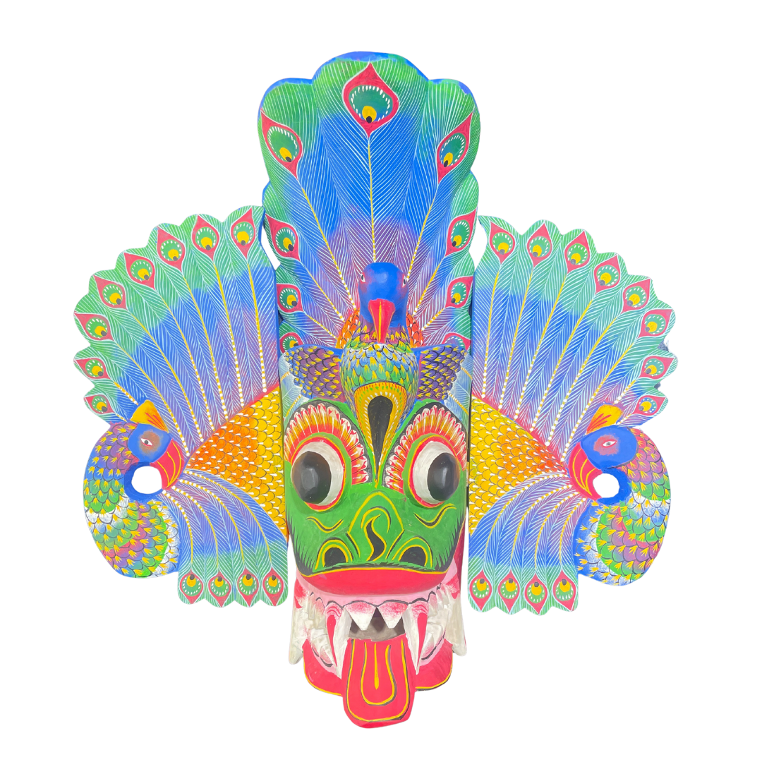 Handmade Wooden Mayura Raksha (Peacock Devil) Mask – 20" | Sri Lankan Traditional Wall Decor