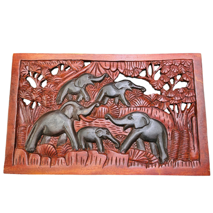Hand-Carved Mahogany Elephant Herd Wall Panel – Authentic Sri Lankan Wooden Wall Art