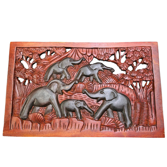 Hand-Carved Mahogany Elephant Herd Wall Panel – Authentic Sri Lankan Wooden Wall Art