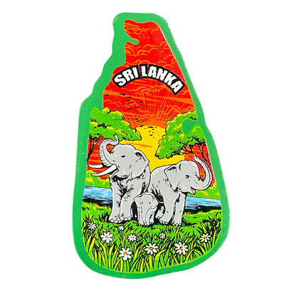 Handmade Wooden Fridge Magnet – Sri Lanka Map with Elephant Family Scene