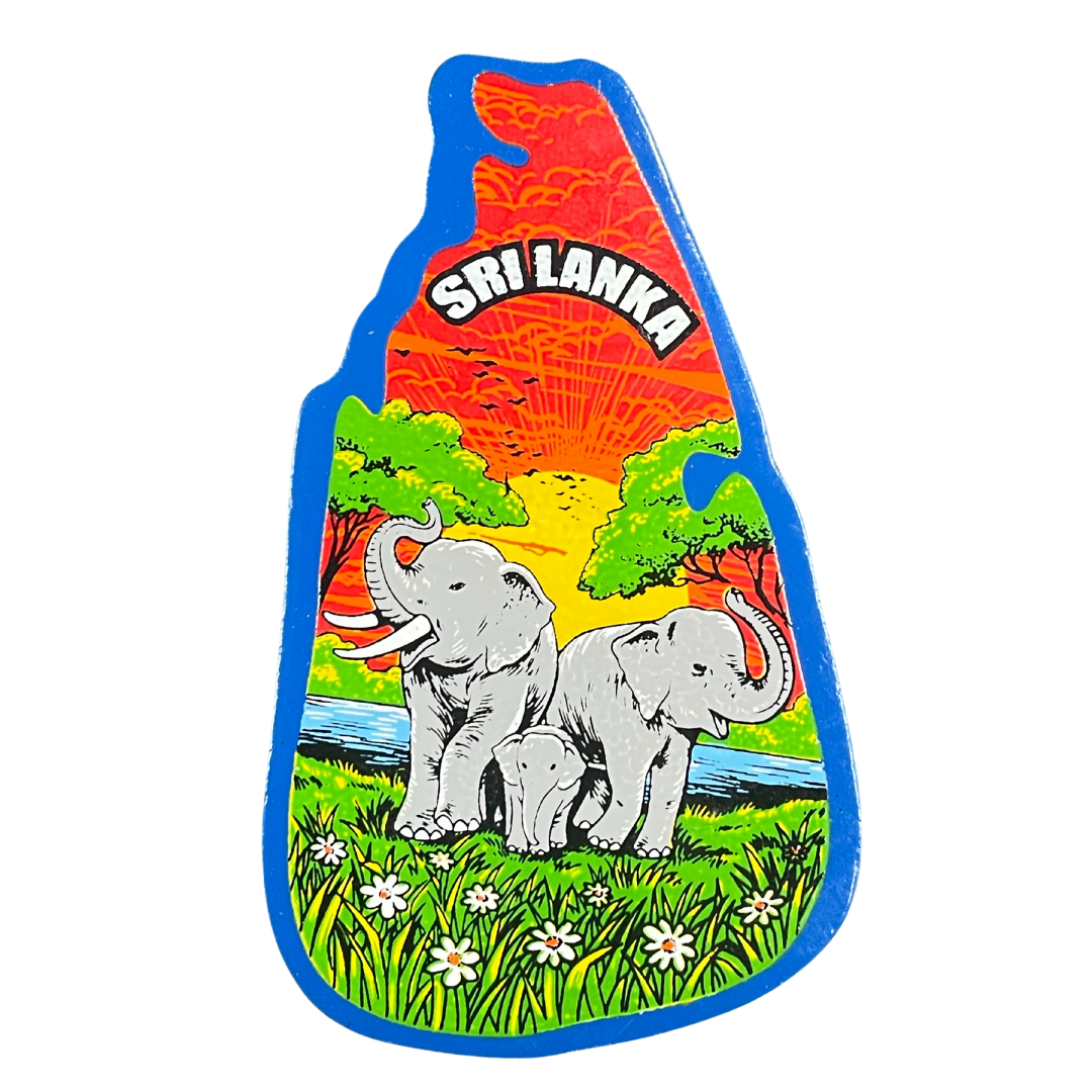 Handmade Wooden Fridge Magnet – Sri Lanka Map with Elephant Family Scene
