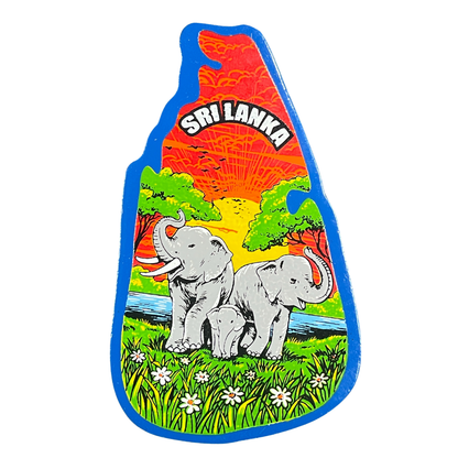 Handmade Wooden Fridge Magnet – Sri Lanka Map with Elephant Family Scene