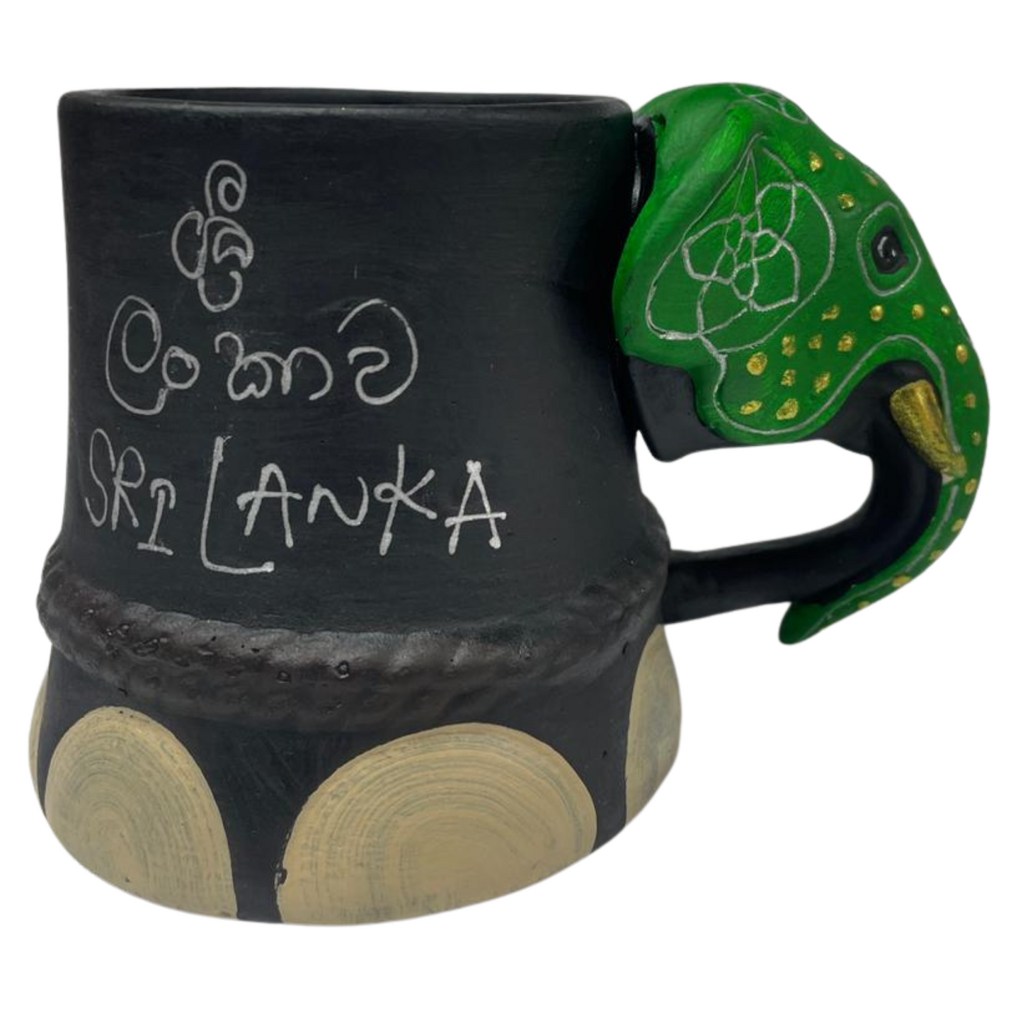 Handmade &amp; Hand-Painted Elephant Foot Clay Mug – Green Dress with Elephant Head Handle