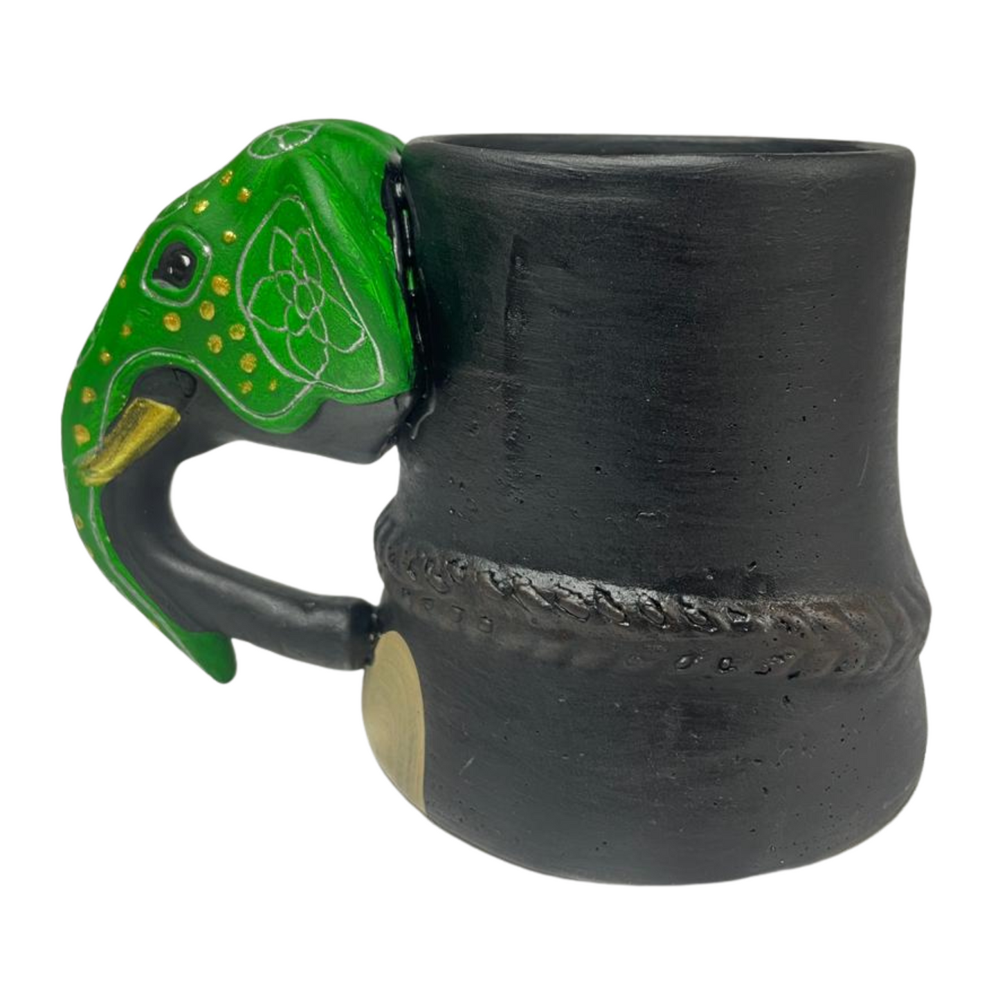 Handmade &amp; Hand-Painted Elephant Foot Clay Mug – Green Dress with Elephant Head Handle