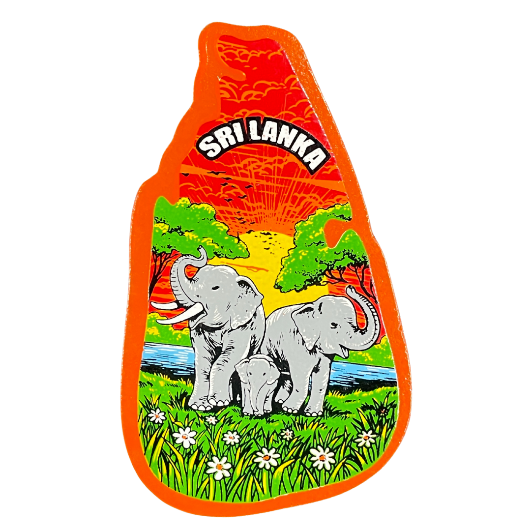 Handmade Wooden Fridge Magnet – Sri Lanka Map with Elephant Family Scene
