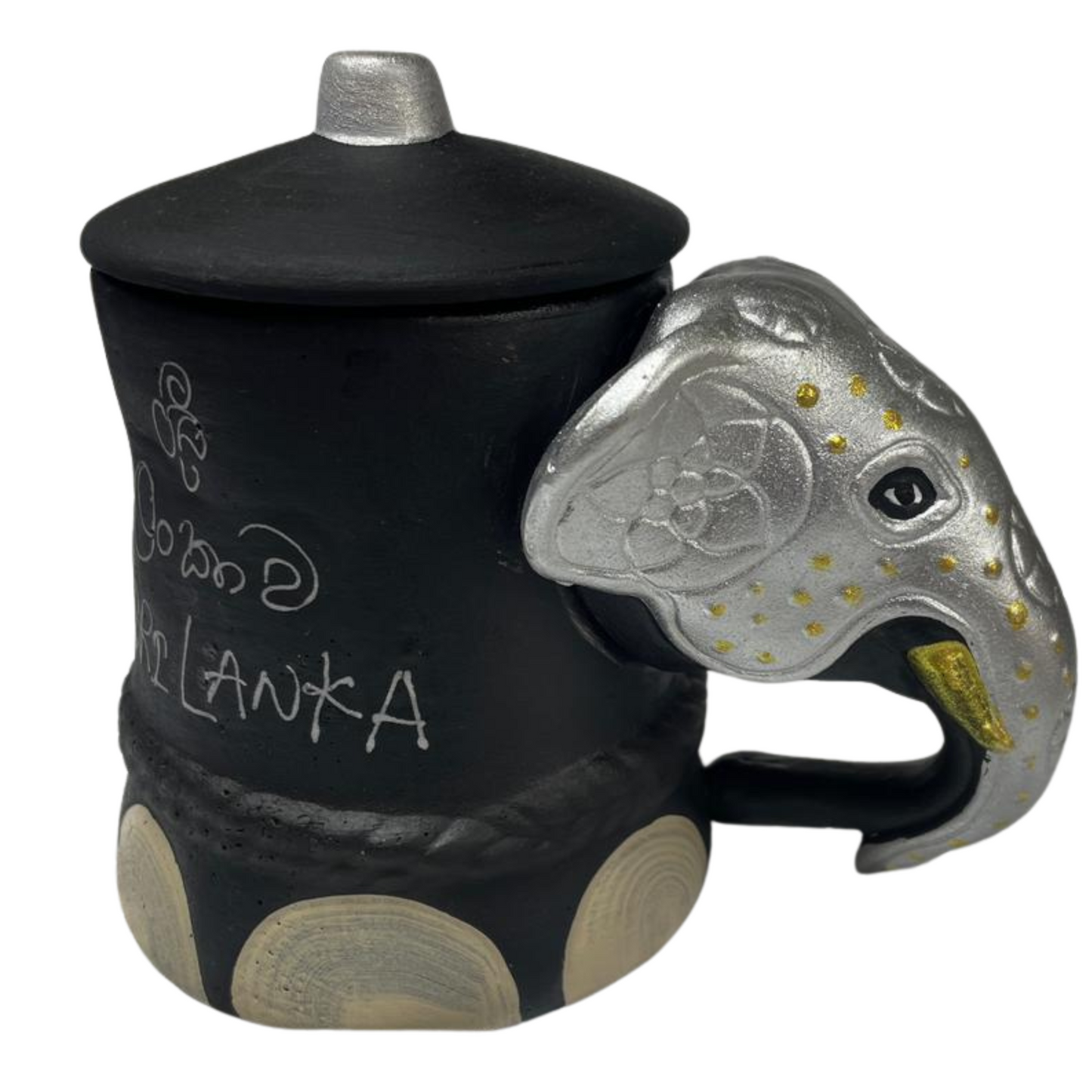 Handmade &  Hand-Painted Elephant Foot Clay Tea Cup / Tea Container – Silver Dress with Elephant Head Handle