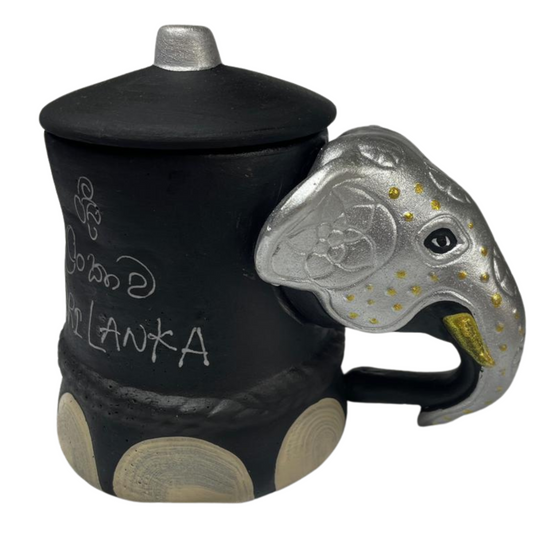 Handmade &  Hand-Painted Elephant Foot Clay Tea Cup / Tea Container – Silver Dress with Elephant Head Handle