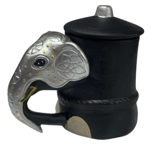 Handmade &  Hand-Painted Elephant Foot Clay Tea Cup / Tea Container – Silver Dress with Elephant Head Handle