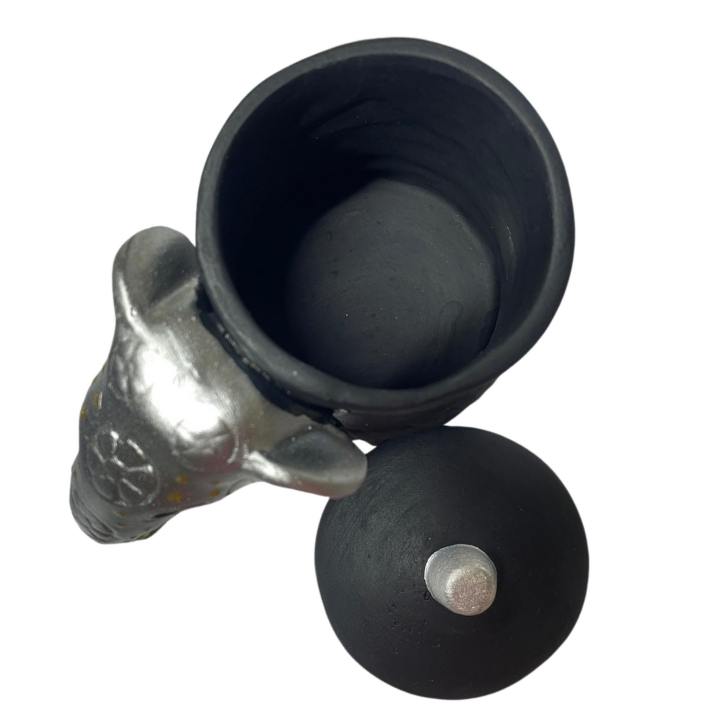 Handmade &  Hand-Painted Elephant Foot Clay Tea Cup / Tea Container – Silver Dress with Elephant Head Handle