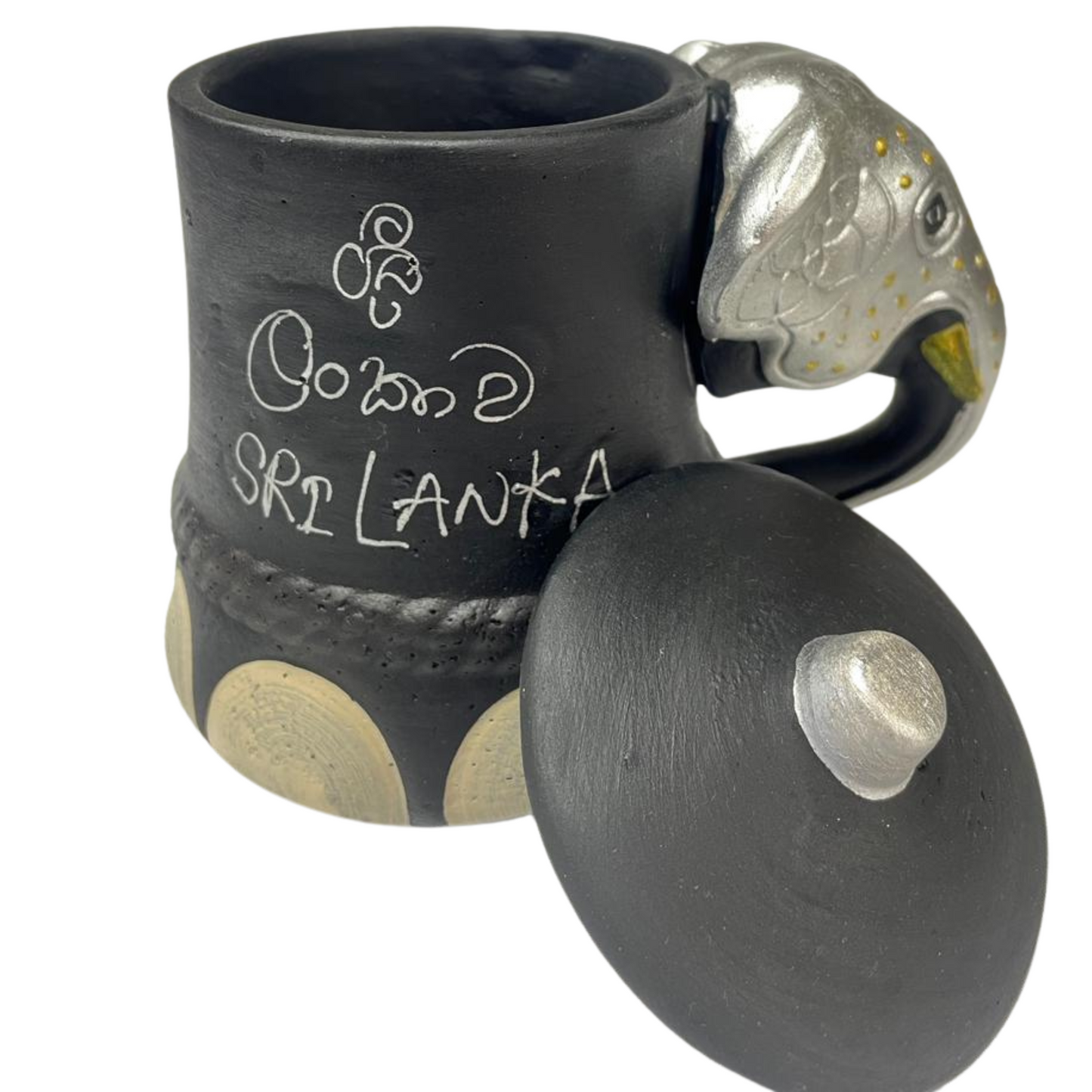 Handmade &  Hand-Painted Elephant Foot Clay Tea Cup / Tea Container – Silver Dress with Elephant Head Handle