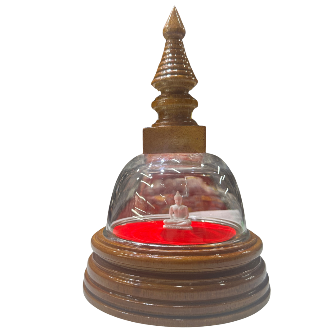 Handcrafted Mahogany Wooden Stupa with Sitting Buddha Statue & Relic Chamber