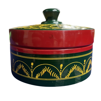 Traditional Sri Lankan Handmade Lacquer (Laksha) Wooden Box – Authentic Artisan Craft | 5" Dia × 3.5" Height