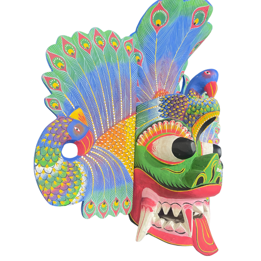 Handmade Wooden Mayura Raksha (Peacock Devil) Mask – 20" | Sri Lankan Traditional Wall Decor