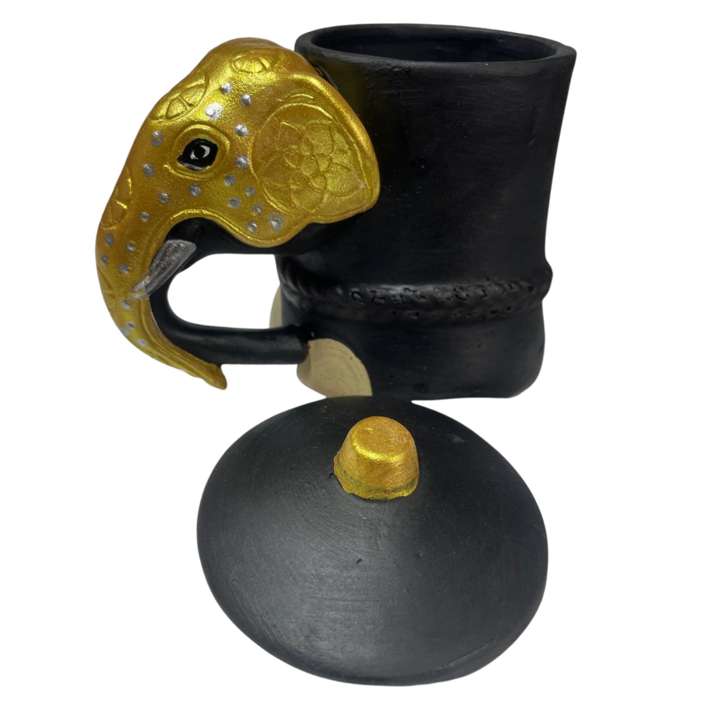 Handmade & Hand-Painted Elephant Foot Clay Tea Cup / Tea Container – Gold Dress with Elephant Head Handle