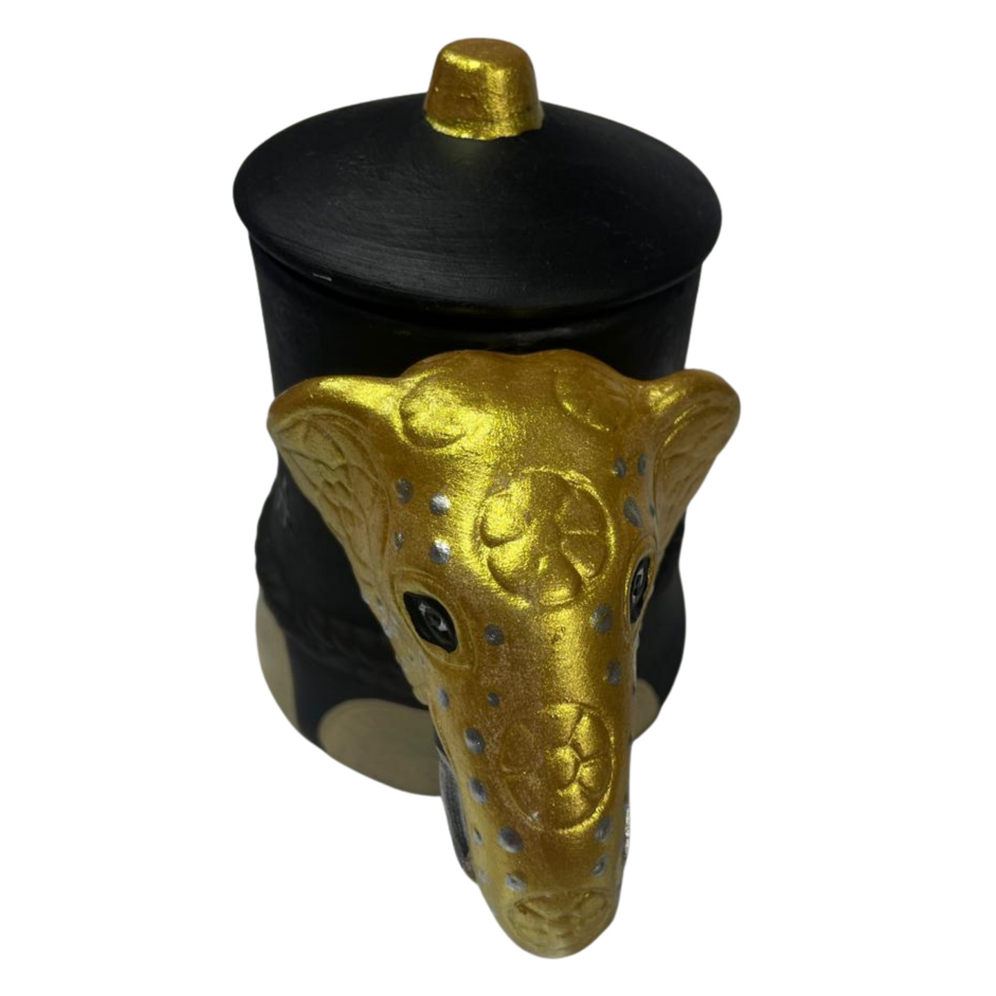 Handmade & Hand-Painted Elephant Foot Clay Tea Cup / Tea Container – Gold Dress with Elephant Head Handle