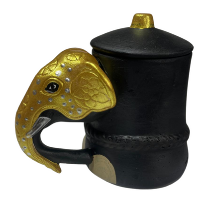 Handmade & Hand-Painted Elephant Foot Clay Tea Cup / Tea Container – Gold Dress with Elephant Head Handle