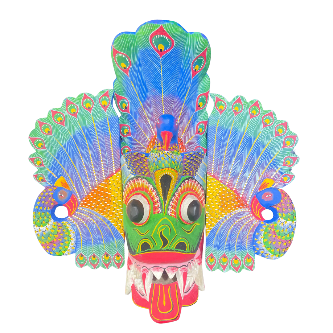 Handmade Wooden Mayura Raksha (Peacock Devil) Mask – 20" | Sri Lankan Traditional Wall Decor