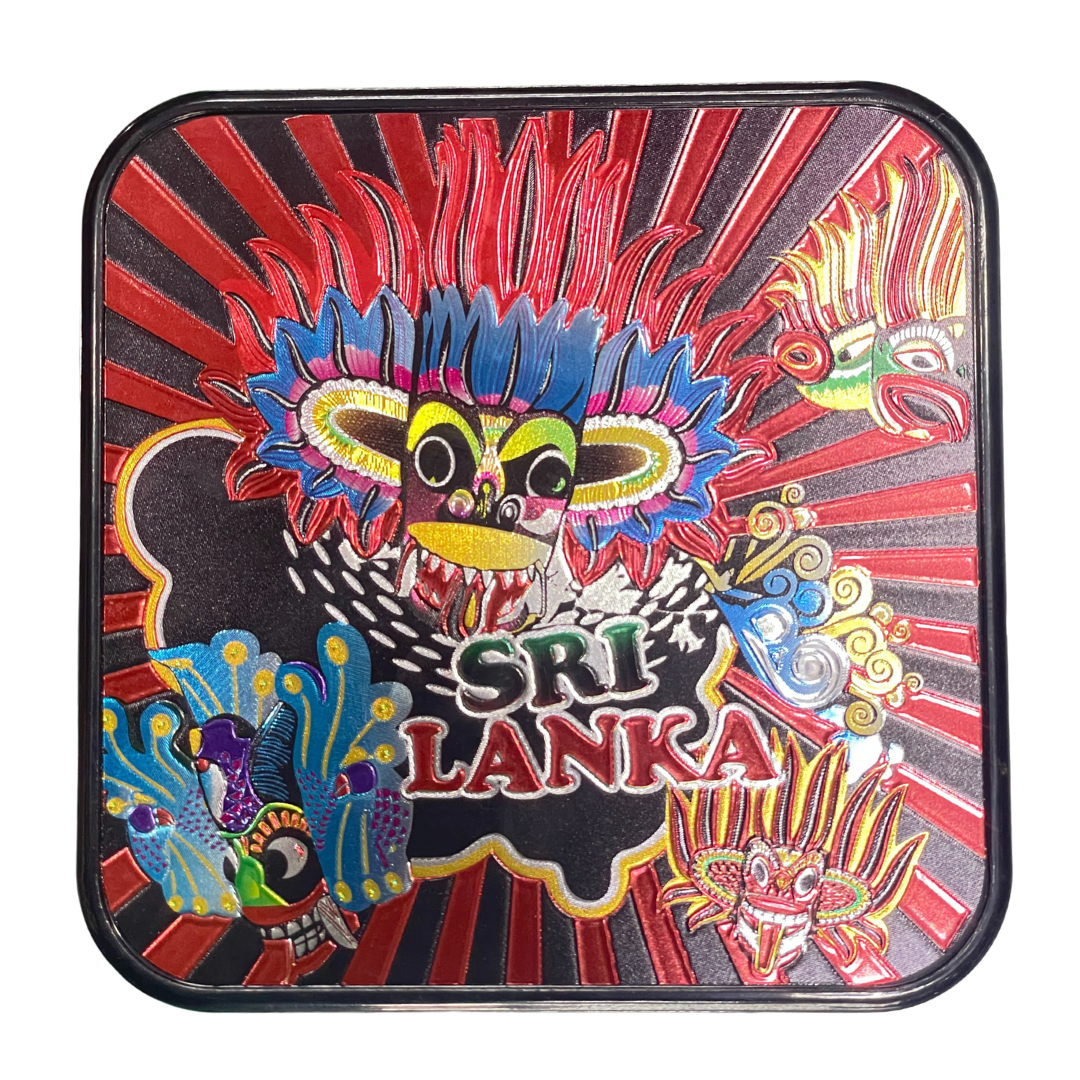 🎭🐘 Sri Lankan Plastic Coaster Set – 6pcs Cultural Table Decor | Sanni Mask & Perahera Theme Designs