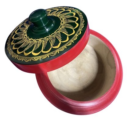 Traditional Sri Lankan Handmade Lacquer (Laksha) Wooden Box – Authentic Artisan Craft | 5" Dia × 3.5" Height