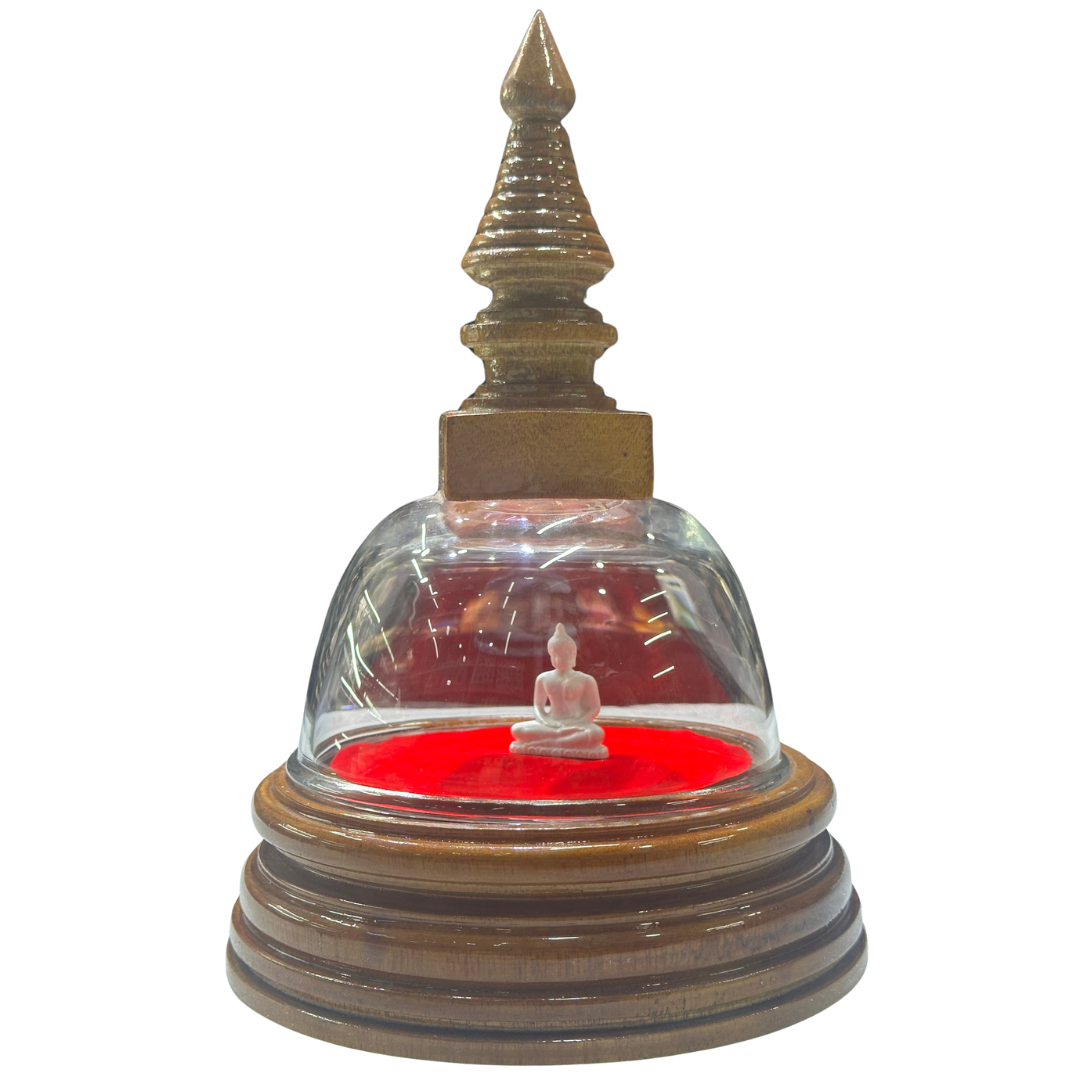 Handcrafted Mahogany Wooden Stupa with Sitting Buddha Statue & Relic Chamber