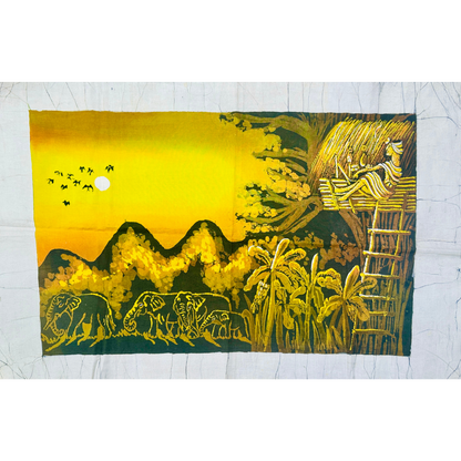 Handmade Sri Lankan Batik Wall Art – Sunset Elephant Village Landscape | 45 × 69 cm