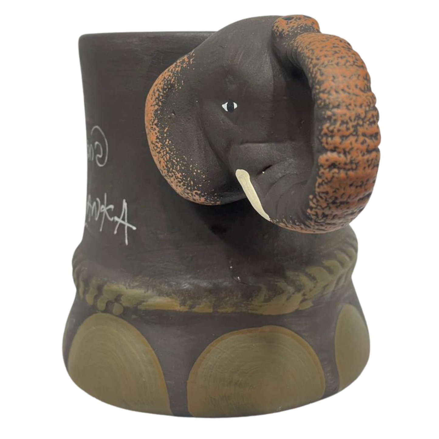 Handmade & Hand-Painted Elephant Foot Clay Tea Cup – Jungle Elephant Head Handle (Trunk Up)
