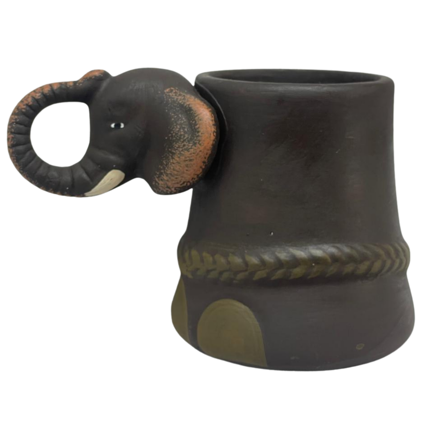 Handmade & Hand-Painted Elephant Foot Clay Tea Cup – Jungle Elephant Head Handle (Trunk Up)