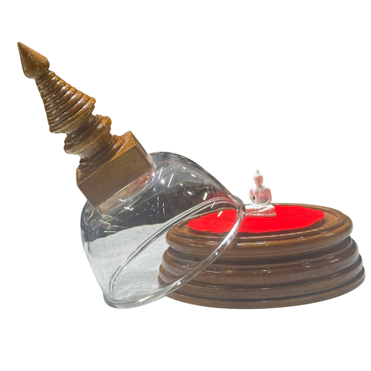 Handcrafted Mahogany Wooden Stupa with Sitting Buddha Statue & Relic Chamber